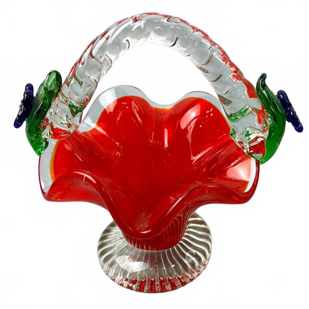Hand Blown Red Glass Basket with Clear Handle Blue Floral Accents